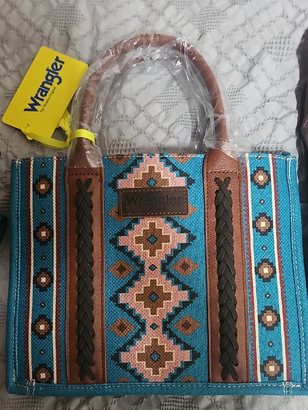 Brand New with Tags- Wrangler Blue Aztec Pattern Tote with Brown Trim